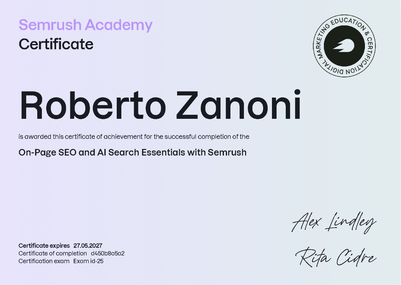 Certificato Semrush Academy di Roberto Zanoni: On-Page SEO and AI Search Essentials with Semrush